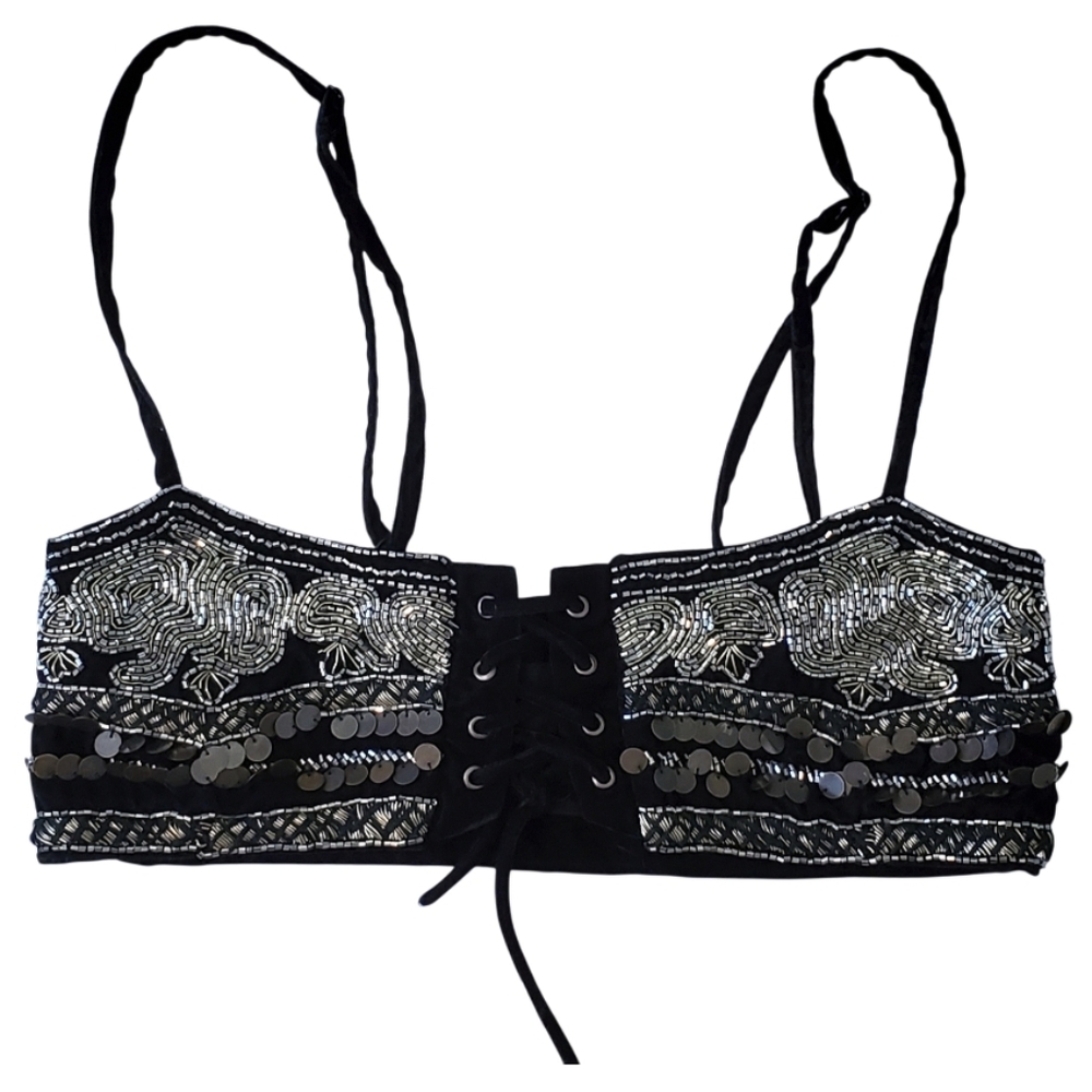 Free People Embellished Black Bustier Top Cropped With Sequins S//M